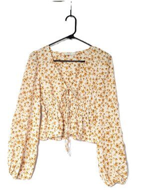 Lush Floral Long Sleeve Tie Front Peplum Blouse Mustard Yellow White Small S